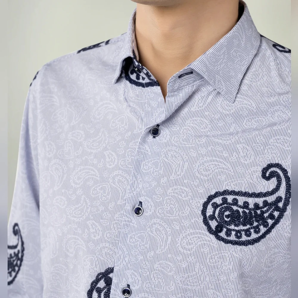 Visconti Men's Blue Stretch Stripe Paisley Long Sleeve Woven Shirt Size L - Picture 2 of 6